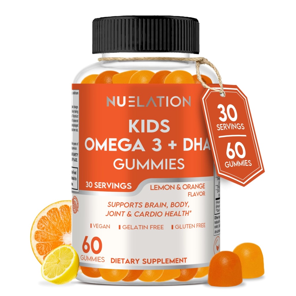 Vegan Omega 3 Gummies voor kinderen met DHA, plantaardige basis, 30 porties, 60 Ct. Gelatinevrij, Glutenvrij, Non-GMO Omega 3 Supplement. Kinderen & peuter DHA Gummies voor hersenen, oog, hart en immuun ondersteuning