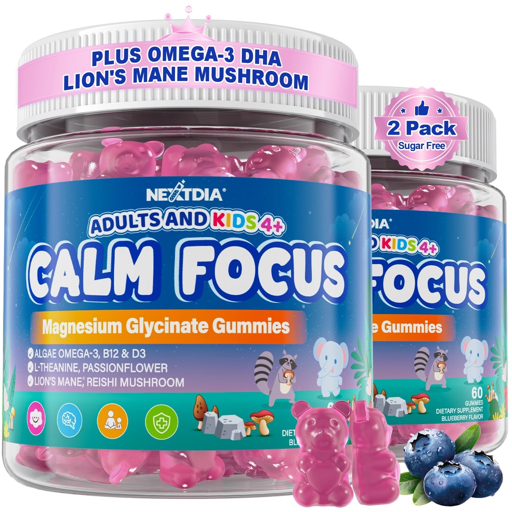 Focus Gummies for Kids & Adults, w/Magnesium Glycinate, Omega-3 DHA, Lion's Mane, L-Theanine, Methyl B12 & Vitamin D3, Hersensupplement Ondersteuning Kalm, Slaap, Aandacht, Concentratie en Geheugen, 120Ct