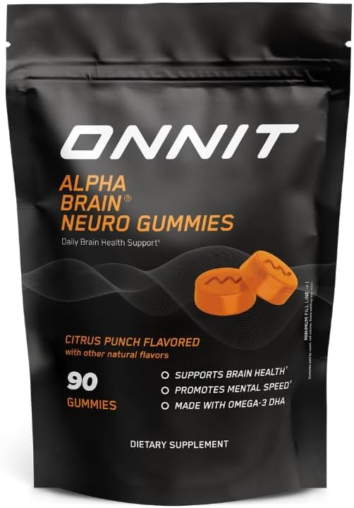 ONNIT Alpha Brain Neuro Focus Gummies, IGEN Non-GMO Tested Vegan Gummies with Omega-3s Lutein Zeaxanthine and Cafeine, Brain Eye and Focus Supplement for Men and Women, Citrus Punch, 90 Tel.