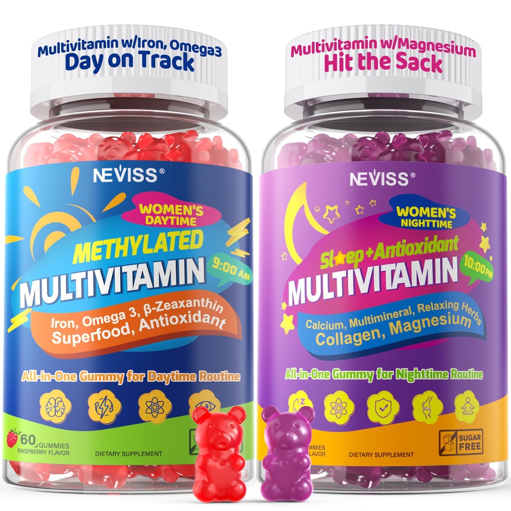 NEVISS 52-in-1 Gemethyleerde multivitamine voor vrouwen Gummies met ijzer, Omega-3, B6 B9 B12 voor dag 