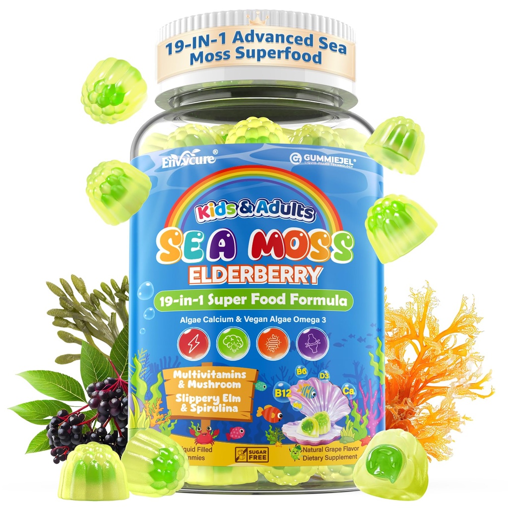 Sea Moss + Vlierbes Gummies voor kinderen & volwassenen, 19-IN-1 Superfood met Spirulina, Algen Omega 3, Algen Calcium, Ashwagandha, Mushroom, Vitaminen D3, C voor Immune, Gut, Bot, Energie, Hersenen,Vegan 60Cts