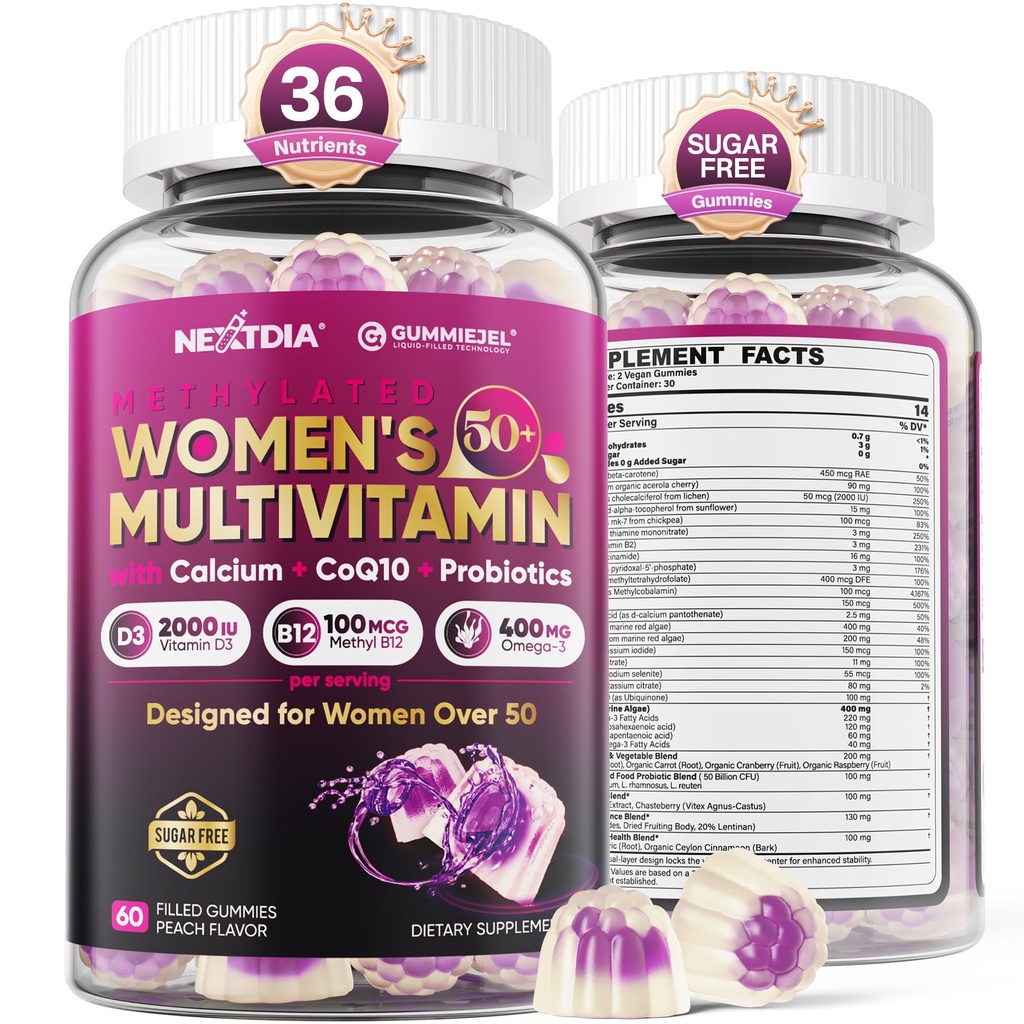 Multivitamine voor vrouwen 50 Plus Gummies, Vegan Omega 3, Methylfolaat, Calcium, D3 K2, CoQ10, Dagelijkse Vitamine A C E, Methylated B12, Biotin, B Complex, Zink - Bone, Energy, Longevity - Suikervrij, 60Count