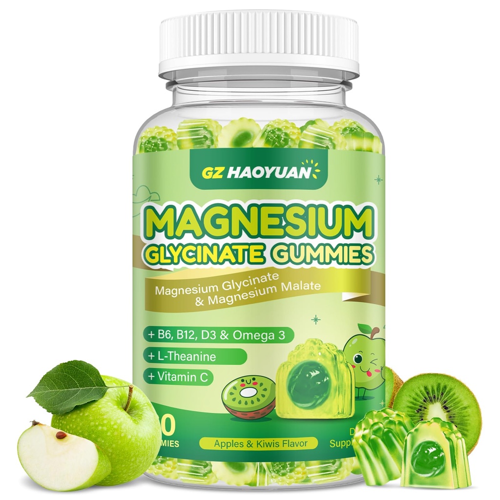 Magnesium Glycinate Gummies voor kinderen en volwassenen - Suikervrij Magnesium Malate met L-Theanine, Omega-3, Vitamine D3, B6, B12, C- Slaap, Kalm, Ontspannen, Hersenen, Bones, Groene Apple & Kiwi,60ct