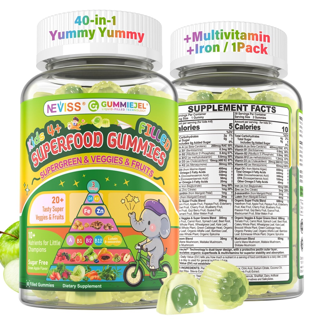 NEVISS Kids 4+ & Teens Super Greens 40-in-1 Gummies w/Multivitamine, Omega3 Ijzer, D3K2, Picky Eater Biologische Super Fruit Veggies Superfood Gummy, Mushroom, Lutein 