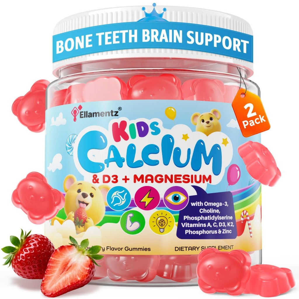 Calcium Gummies + D3 & Magnesium for Kids & Teens, w/Calcium Citrate Calcium Algen Calcium Milk, Omega-3 (DHA/EPA), Vitaminen A, C, K2, Choline, Zink, Vitaminen Gummies for Bone, Grôwth & Brain, 2 Pack