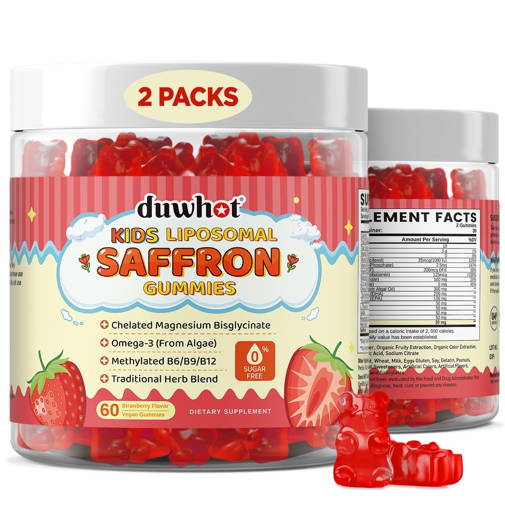 duwhat Liposomal Saffron Gummies for Kids 4+, Saffron Supplements w/Holy Basil, Rosemary, Magnesium Glycinate, Omega-3 & More, Brain Focus Support Supplement, Vegan, Organic, Sugar Free, 120 Kauwtabletten