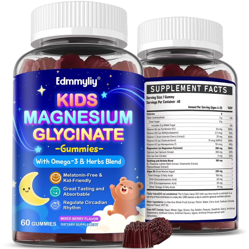 Kids Magnesium Glycinate Gummies - Magnesium Glycinate Supplement 200mg with L-theanine Omega-3 Calcium Vitamine D3 & B12 for Kids Natural Zzz at Bedtime & Algehele Health - Sugar Free & Non-GMO