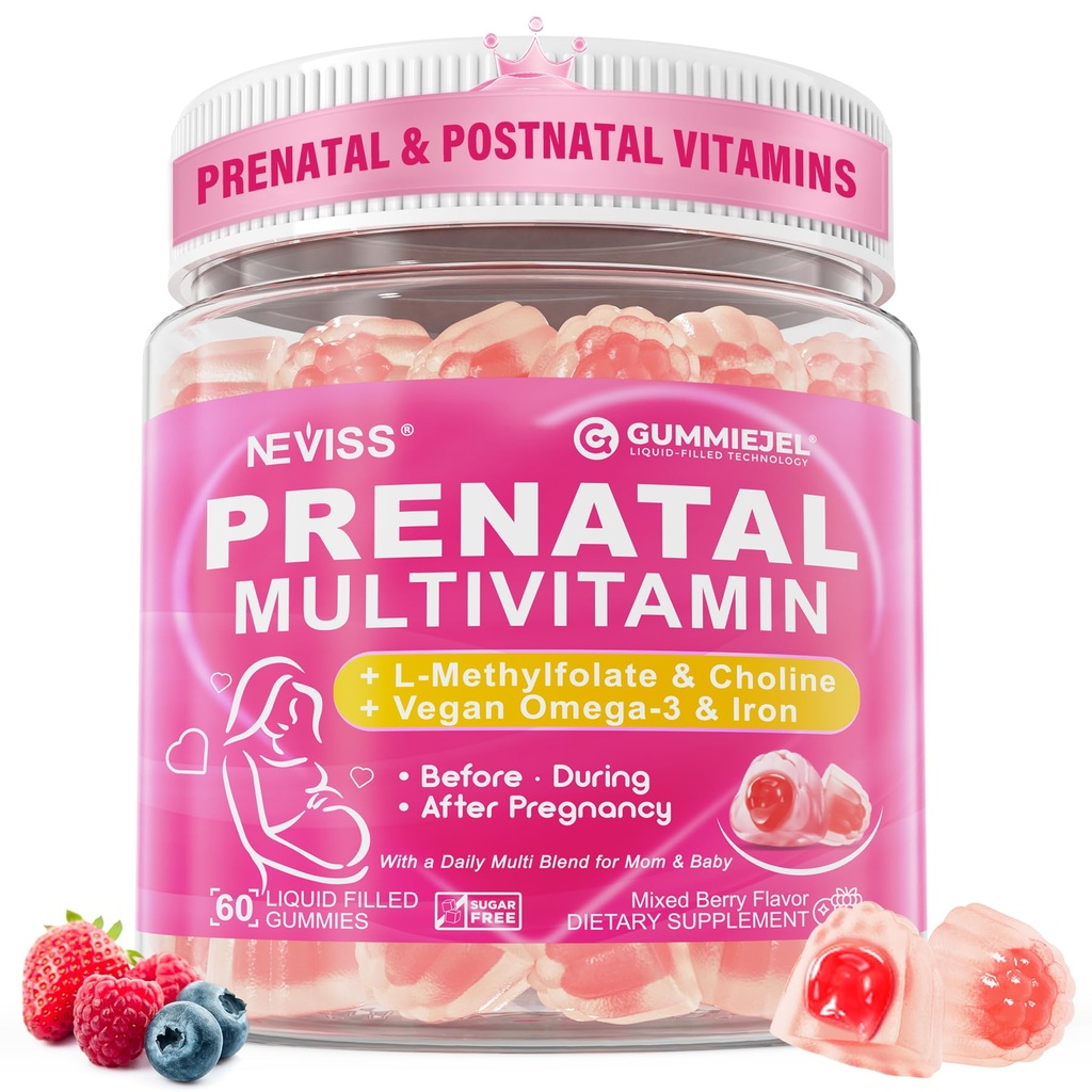 Prenatale vitamines voor vrouwen Multivitamine Gummies w/ Methylfolaat 1mg, Choline Omega-3(DHA+EPA) IJzer, Postnatale vitamines voor vrouwen Borstvoeding voor,Tijdens & na de zwangerschap, Sugar Free,Vegan,60Cts