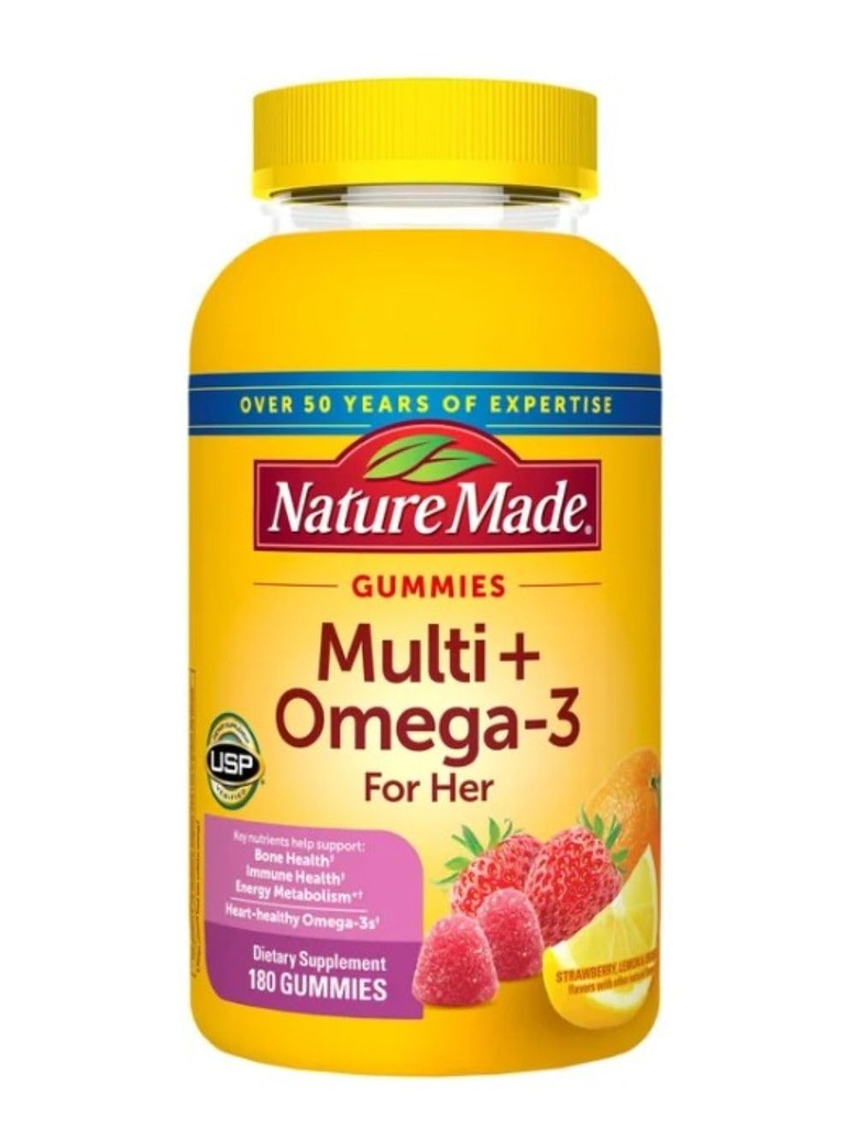 Natuur gemaakt Multivitamine + Omega-3, Multivitamine Gummies voor haar, Dagelijkse Voedingsondersteuning, 180 Volwassen Gummy Vitaminen & Mineraal, 90 Dagen Levering
