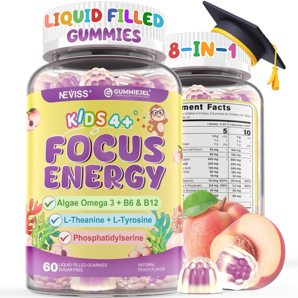 Kids Focus Gummies - Hersensupplementen met Vegan Omega 3 DHA, Fosfatidylserine, L-Theanine, L-Tyrosine, Gemethyleerde B6 & B12 voor Kids & Teen Support Attention, Memory, Nootropic, Sugar Free 60cts