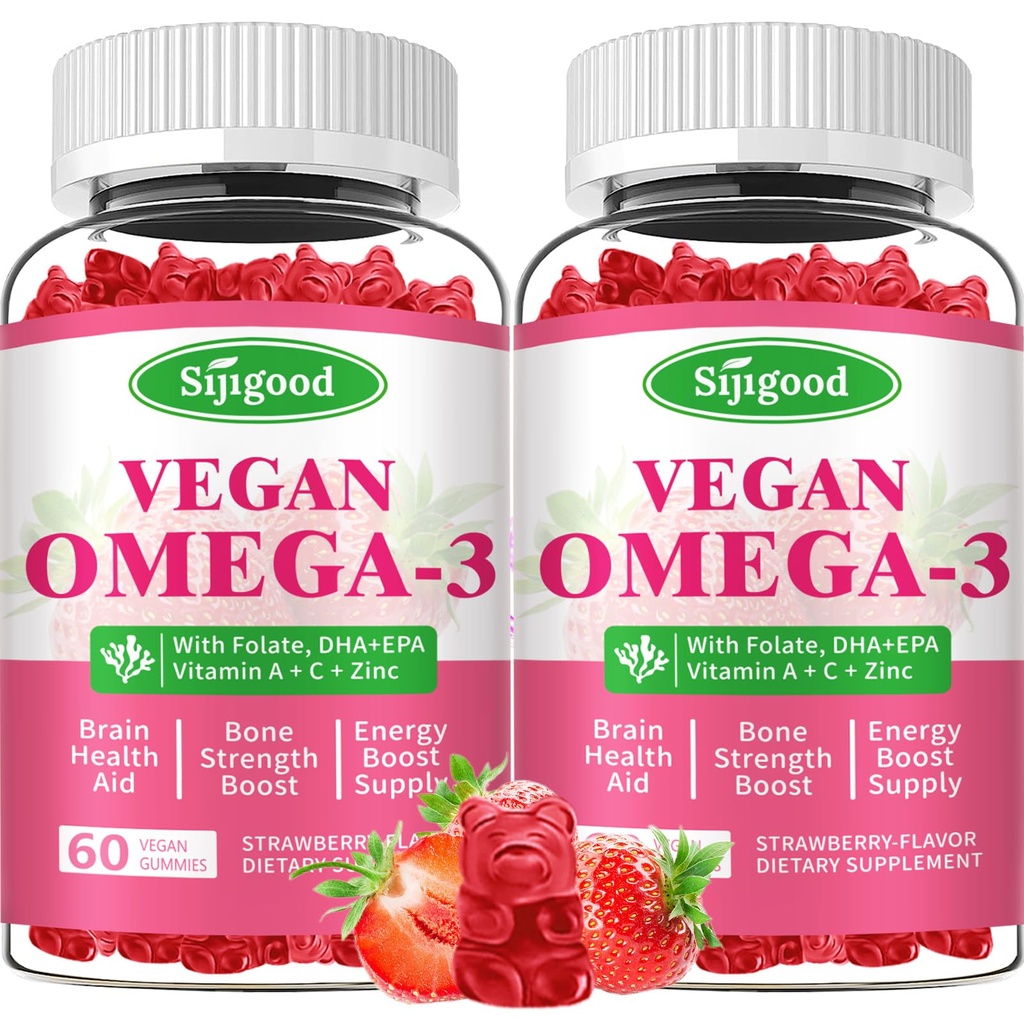 Omega-3 Gummies Pottent Algen Omega Bron, Boost Brain, Eye & Immune Function, met DHA en EPA Vegan & Sugar Free, Aardbei Smaak, 120 Tel.