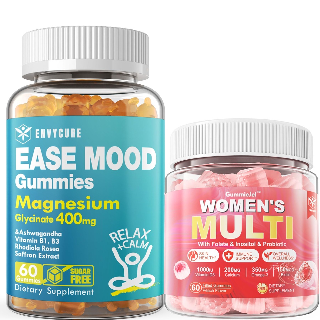 Suikervrij Magnesium Glycineer Gummies 400mg met Ashwagandha + Womens Multivitamine Gummies w Omega-3, Calcium, Enzymen & Probiotica