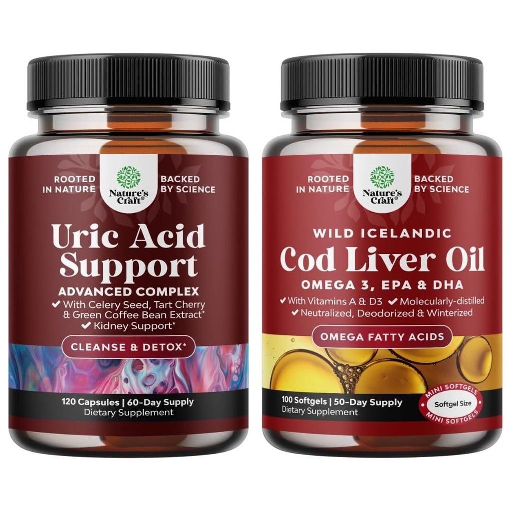 Bundel van Green Coffee Bean Extract voor Uric Acid Cleanse - Kurkuma Tart Cherry & Selderij Zaad en IJslands Wild Caught Cod Liver Oil Softgels - Vis Omega 3 EPA DHA Vitamine D & A 1000mg per portie