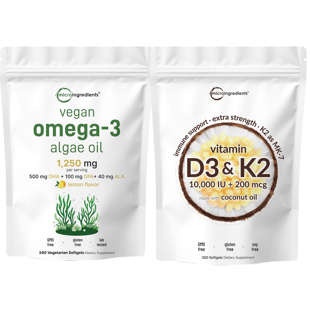 Micro Ingrediënten Vitamine D3 10.000iu + K2 200mcg Kokosolie Softgels & Vegan Omega 3 Algenolie Supplement Bundel 2 Pack 
