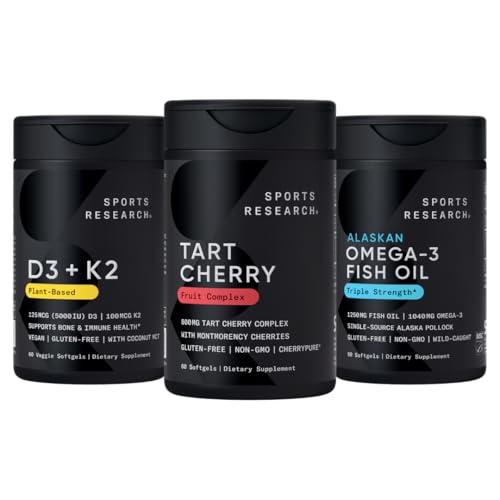 Sports Research® Multivitamine Pack w/CherryPure® Tart Cherry Fruit Complex 800mg, Vitamine D3 5000iu + K2 100mcg, en Alaskan Omega-3 Visolie 1250mg - Niet-GMO · Suikervrij · Glutenvrij