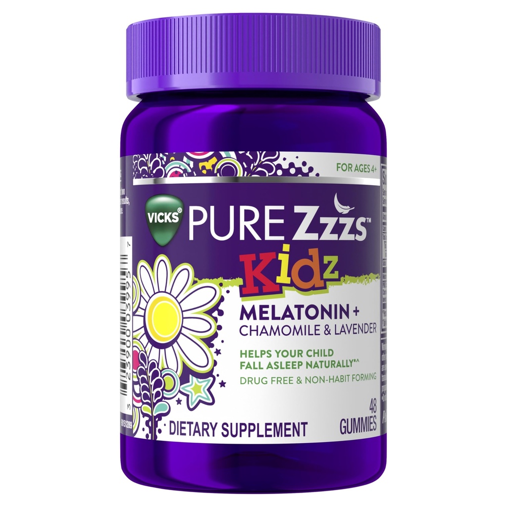 VICKS PURE Zzzs Kidz, Melatonine slaaphulp Gummies voor kinderen en kinderen, helpt uw kind natuurlijk slapen, lage dosis Melatonine, 48 Gummies
