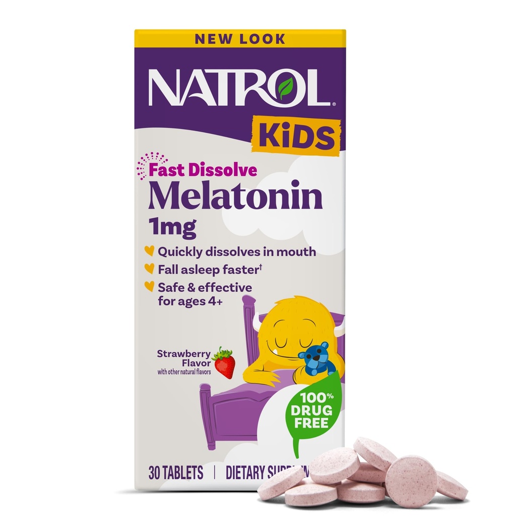 Natrol Kids Snel oplossen Melatonine 1 mg, Dieetsupplement voor rustgevende slaap, slaaptabletten voor kinderen, 30 aardbeien-gearomatiseerde Melatonine tabletten, 30 dagen levering