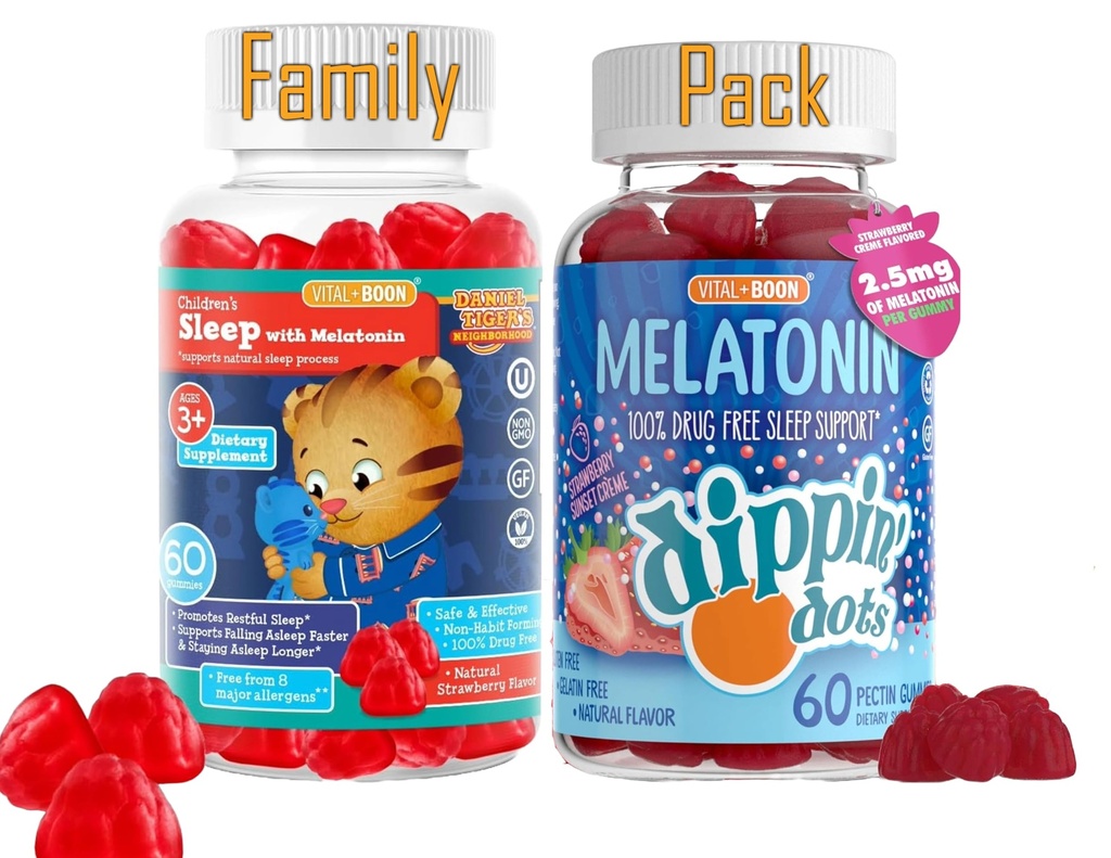 Melatonin Sleep Gummies Bundle Family Pack - Kids & Adults | Daniel Tiger & Strawberry Sunset Crème Flavors | Non-Habit Forming Natural Sleep Aid | Vegan, Gluten-Free