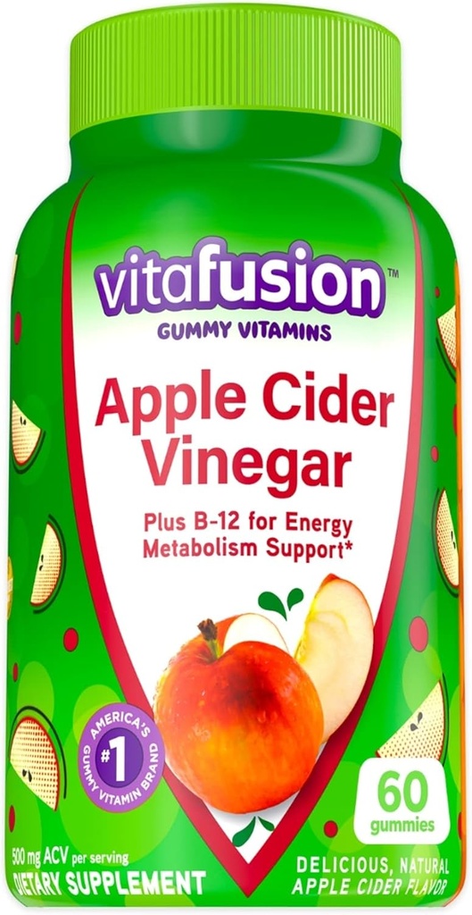 vitalusion Apple Cider Vinegar Gummies, 500mg Apple Cider Vinegar per portie plus B Vitaminen, 60ct (30 dagen levering), Natuurlijke Apple Cider Flavor uit Amerika