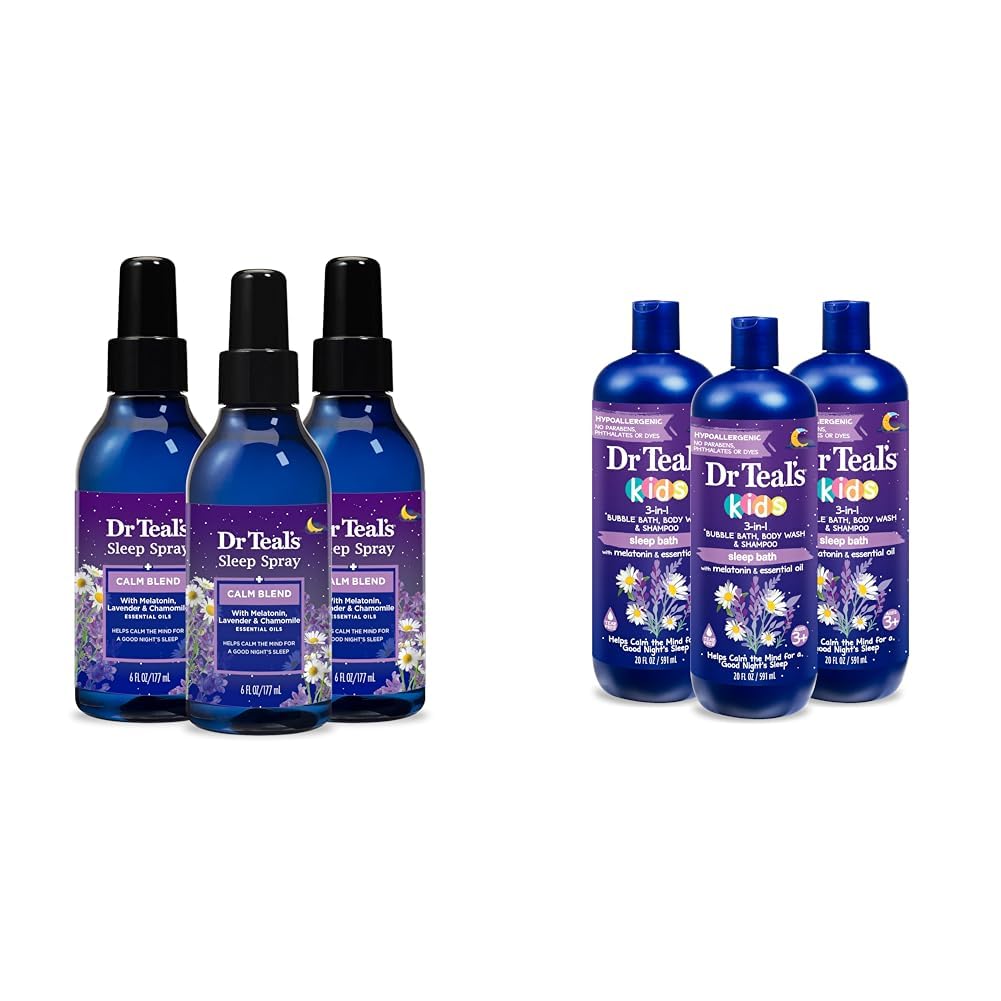 Dr Teal's Slaapspray met Melatonine & Essential Oil Blend, 6 fl oz (pakket van 3) & Kids 3-in-1 Slaapbad: Bubbelbad, Body Wash & Shampoo met Melatonine & Essential Oil, 20 fl oz (verpakking van 3)
