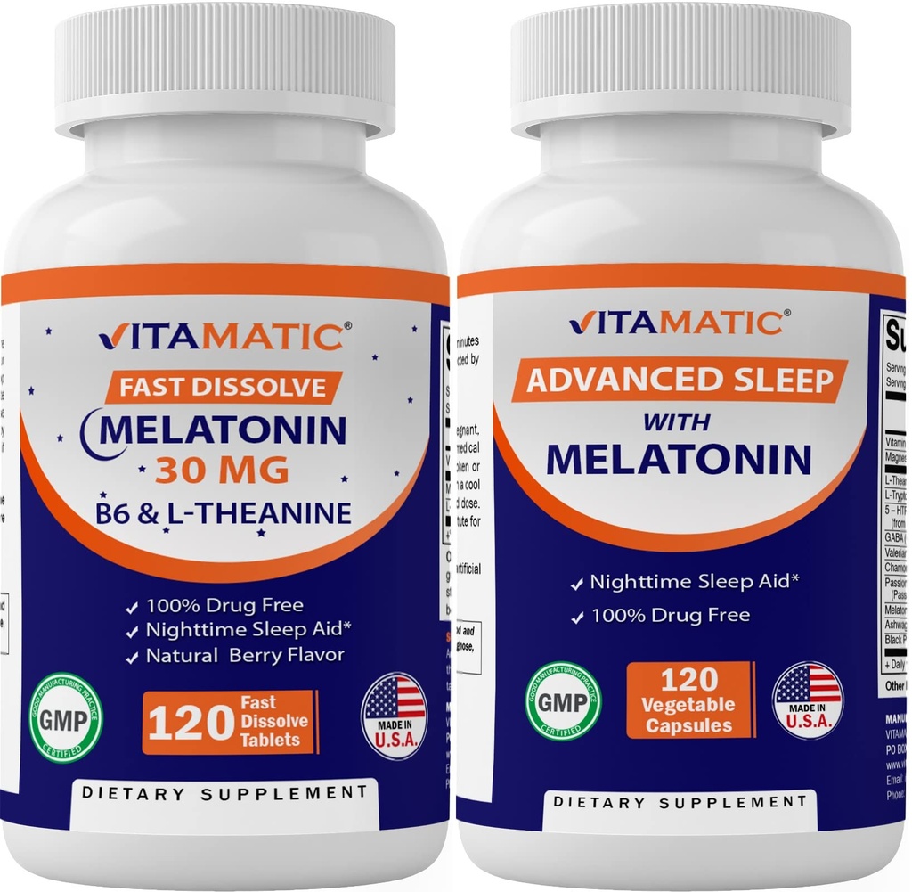 Vitamatic Melatonine 30mg Gemaakt met B6, Magnesium, L-Theanine, L-Tryptofaan, 5-HTP, GABA, Valeriaan, Kamille, Passiebloem, Ashwagandha & Black Pepper