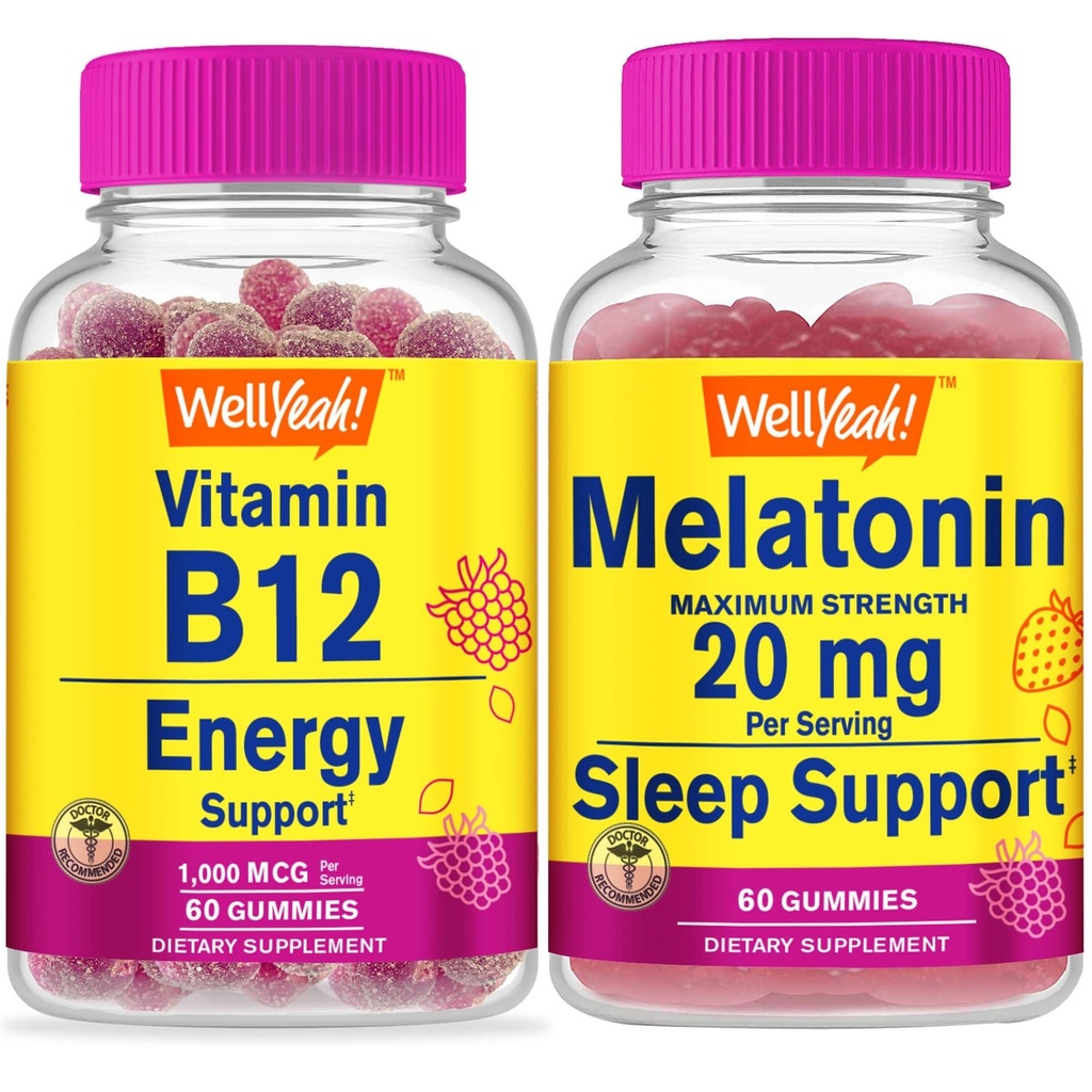 WellYeah Vitamine B12 1000mcg + Melatonine 20mg, Gummies Bundle - Grote Proeverij, Vitamine Supplement, Glutenvrij, GGO vrij, Kauwbare Gummy