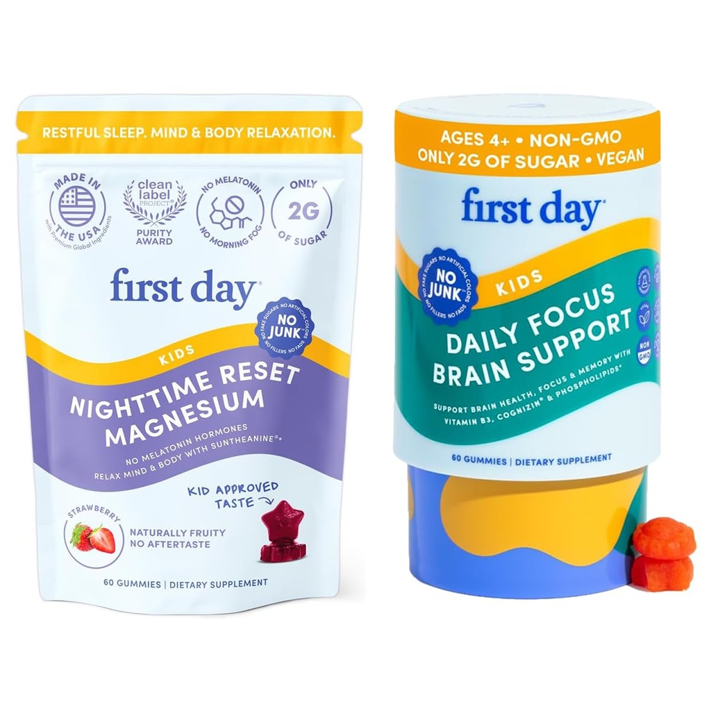 EERSTE DAG Kids Calming Gummies (Strawberry) & Brain Focus Gummies (Peach) for Rust & Attentie 