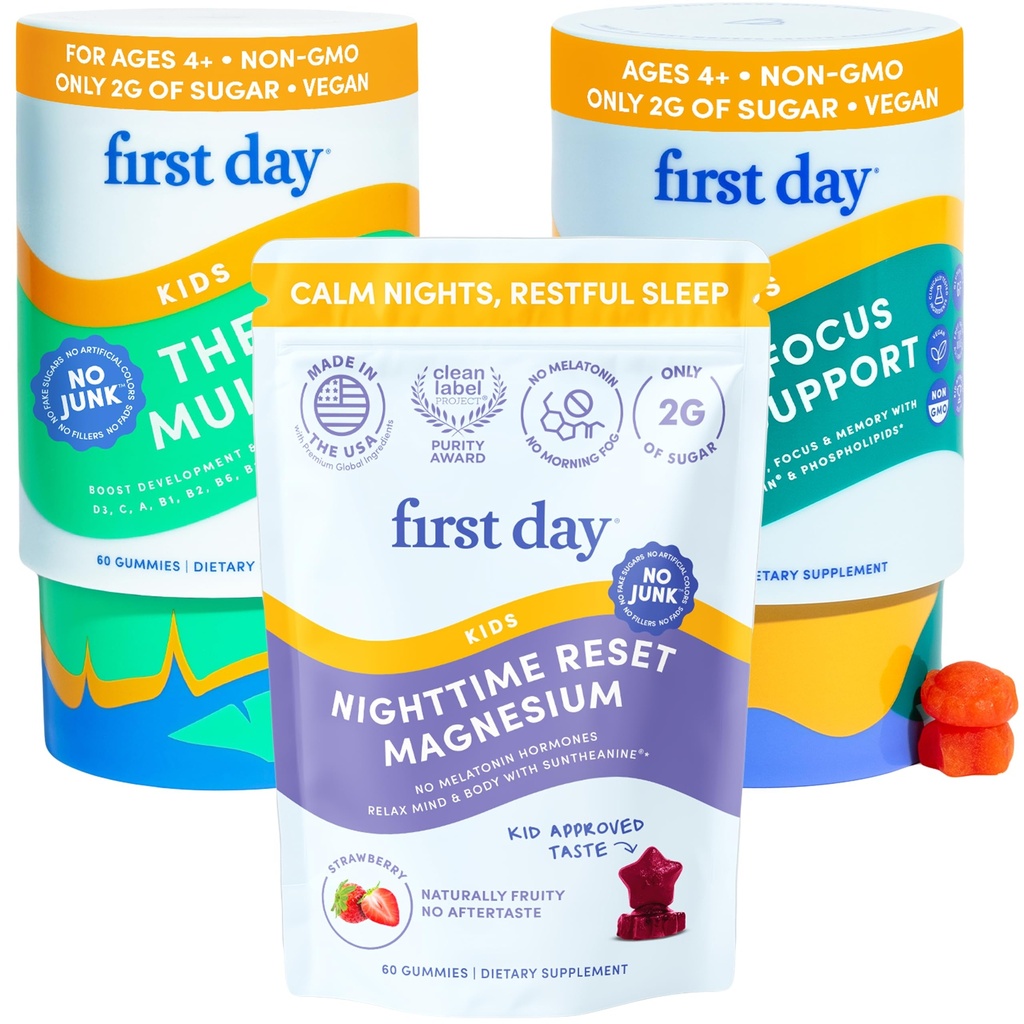 EERSTE DAG Kids Calming Magnesium (Strawberry), Multivitamine (Strawberry & Orange), & Brain Focus (Peach) Gummies 