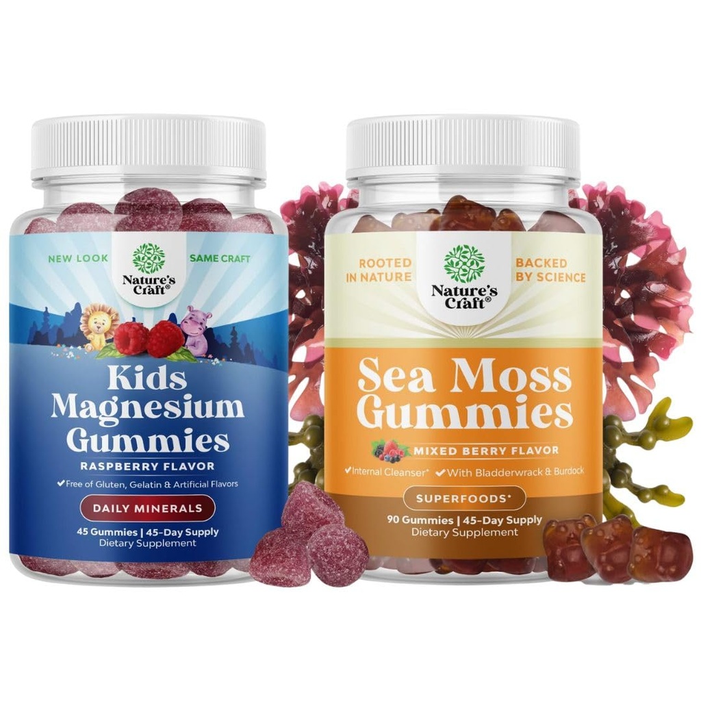 Bundle of Kids Magnesium Gummies - Kalm Ontspannende Mg Citrate met Raspberry Flavor voor nerve Health Muscles & Heart Support en Ierse Zee Mos Gummies met Ierse Zee Mos, Bladderwrack & Burdock Root