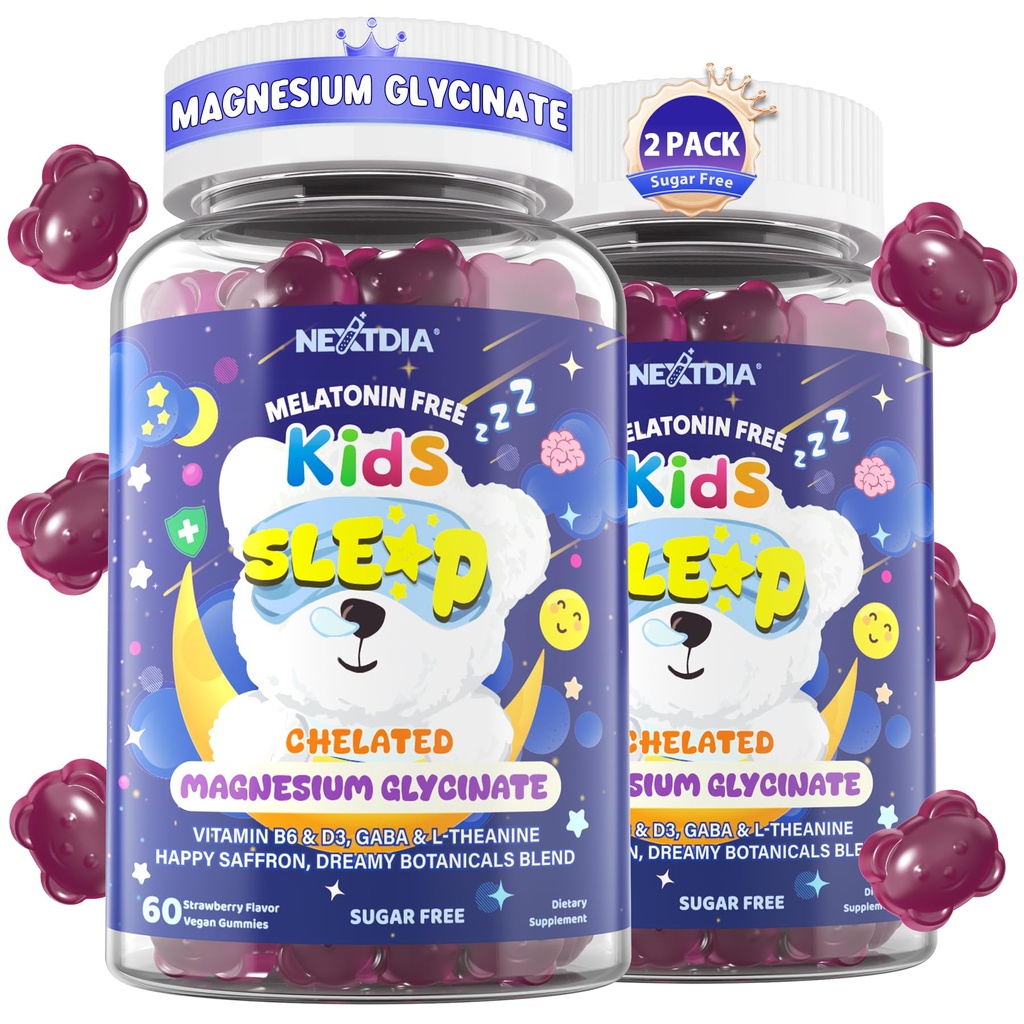 Kinderen Slaap Gummies NO Melatonine - Triple Magnesium Glycinate + Saffron, GABA, Berry & Nut Superfood Gummies, Sugar Free Nighttime Slaaphulp & Kalm voor kinderen 4+ tieners, ontspannen, hersenen & spier, 2Pack