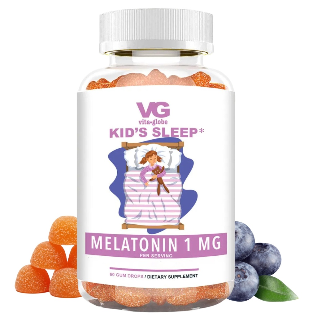 VITA GLOBE Kinderen Slapen Melatonine Gummies 1mg, Kinderen Kauwbare Melatonine Gummy, Niet-GMO, Veganistisch, Slaaphulp Supplement, Verlicht Af en toe slapeloosheid, 60 Tellen (Pack of 1)