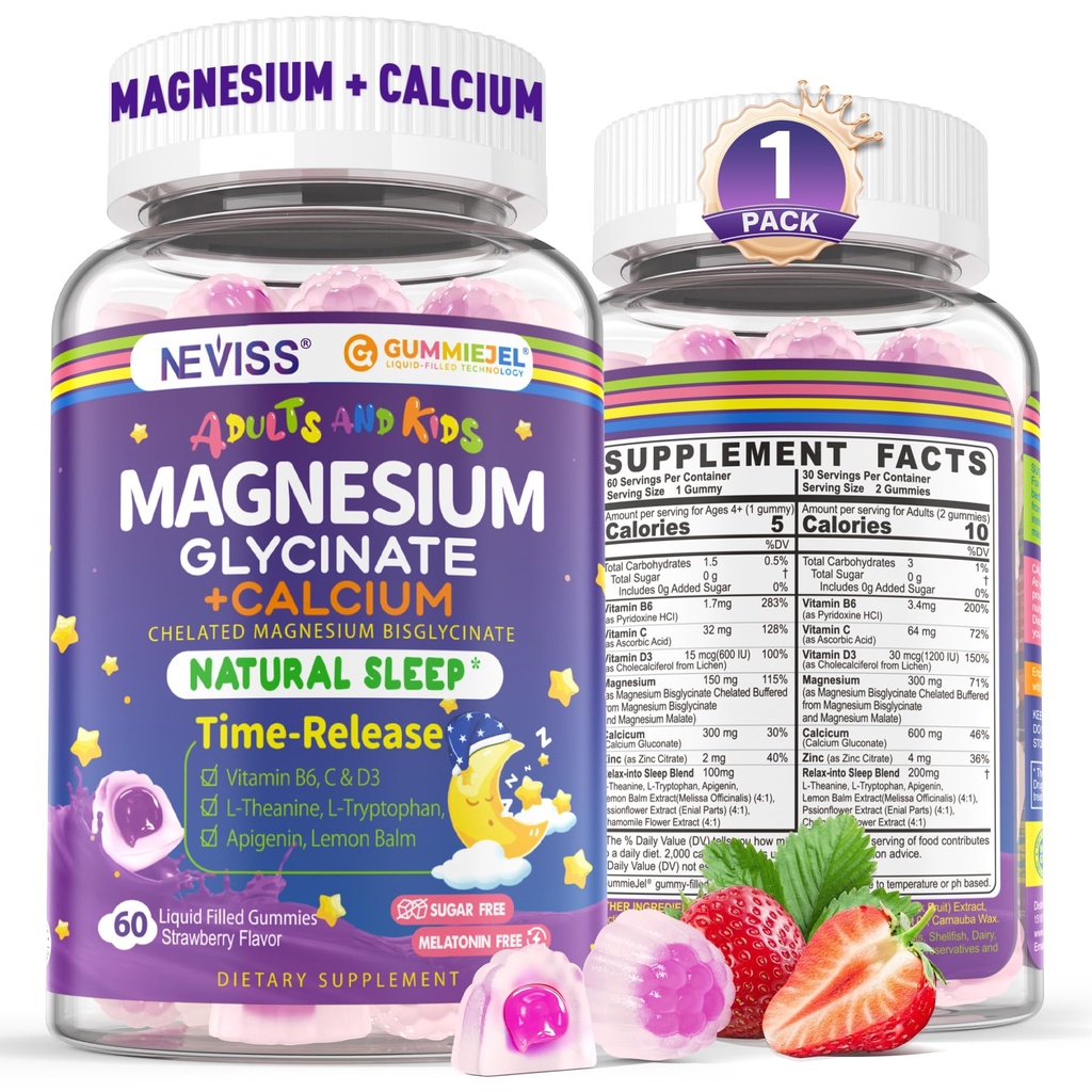 Neviss Magnesium Glycinate + Calcium gevuld Gummies voor volwassenen en kinderen 4+, Kinderen Slaap Gummies Melatonine Gratis, Suikervrij Magnesium Supplement met B6 D3, L-Theanine voor Zzz & Relax, Hersenen, Bone, Muscle