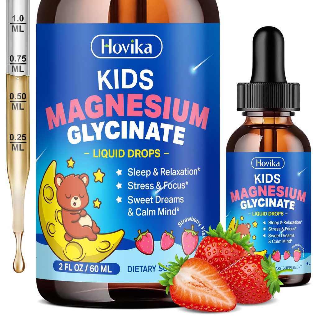 Magnesium Glycinate Liquid for Kids - met L-Theanine Omega-3, Vitamine B6, D3, Zink - Kids Magnesium Drops for Sleep, Relaxation, Calm & Focus - 2 Fl Oz, Aardbei Flavor