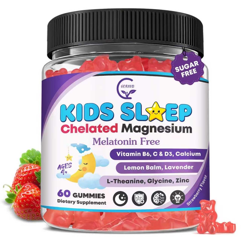 Kinderen Slaap Gummies, NO Melatonine Slaaphulp Gummies w/ Magnesium Glycinate, Calcium citraat, L-Theanine, GABA, Vitamine D3 K2 B6 Zink, Kamille & Lemon Balm voor Zzz & Relax, Hersenen, Botten, Non-GMO 1Pack