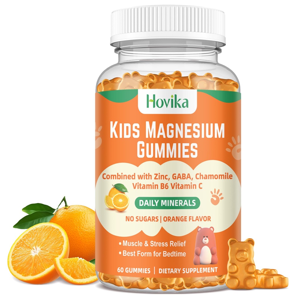 Magnesium Glycinate Gummy's voor kinderen: Kalm Magnesium Supplement voor kinderen & volwassenen met zink citraat, GABA, kamille, vitamine B6 & C - Slaap, ontspannen & Focus, oranje smaak 60 Tel.