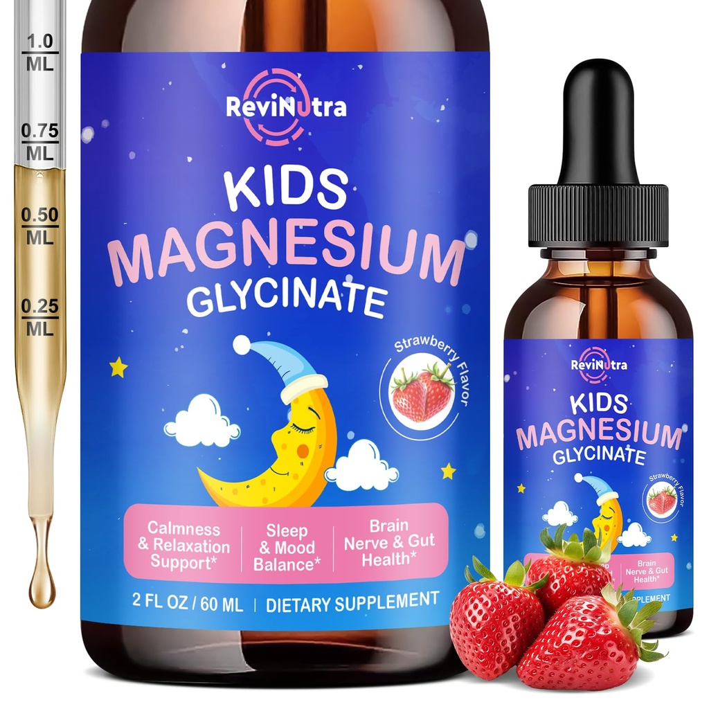 Magnesium Glycinate Liquid for Kids - Citrate, Malate with Omega-3, L-Theanine, GABA, kamille, 5-HTP, D3, Zink, Kids Magnesium Drops for Sleep, Calm, Relaxation & Focus, Aardbei smaak, 2 Fl Oz