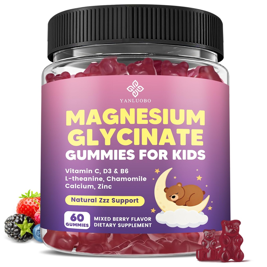 Kinderen Magnesium Gummies, Magnesium Glycinate Gummies 400mg/200mg met L-Theanine, Kamille, Vitamine B6, D3 voor kinderen, Ontspanning & Zzz Support, Nerve Bone - Suikervrije gemengde Berry Flavor 60ct