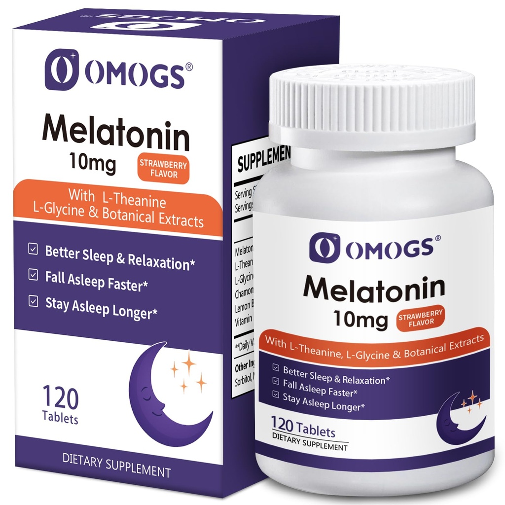 OMOGS Melatonine, snel oplossen Melatonine 10 mg tabletten, met L-Theanine, L-Glycine & Vitamine, Ondersteunt ontspanning & gezonde slaapcycli, aardbeien smaak, 120-dagen aanbod