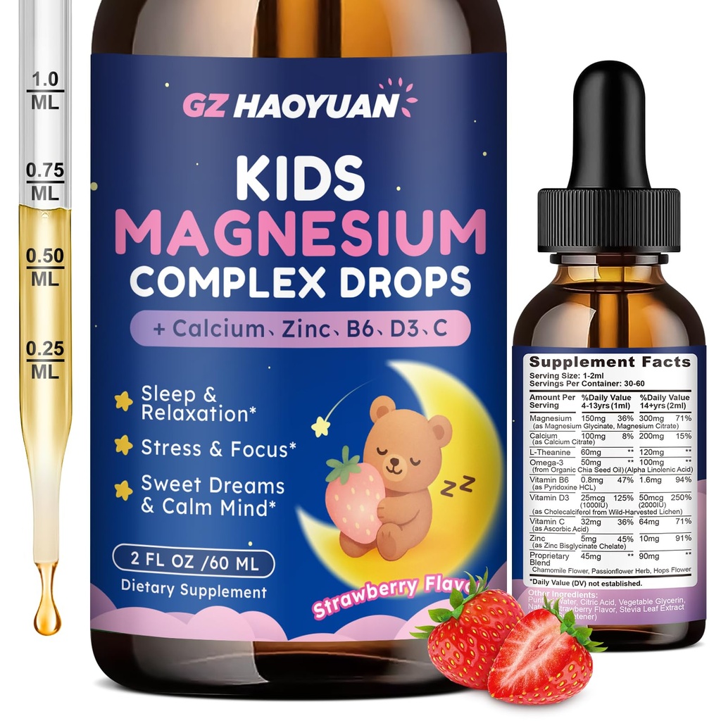 Kinderen Magnesium Liquid Drops - Magnesium Glycinate Drops voor kinderen, Citrate Liquid met Calcium, Omega-3, L-theanine, Zink, Vitamine B6 D3 C voor Slaap, Ontspannen, Kalm & Focus, Aardbei smaak,2 Fl Oz