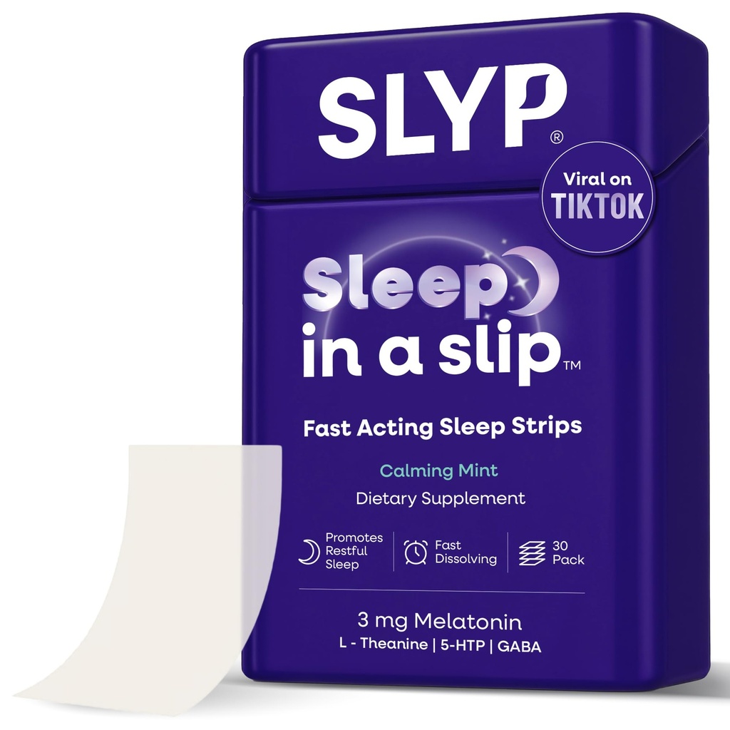 Slyp Snel oplossende orale munt slaapstrepen, natuurlijke slaaphulp voor volwassenen en kinderen met Melatonine 3mg, L-Theanine, GABA & 5-HTP voor kalme ondersteuning & alternatief voor slaappillen & Gummies 30 Strips