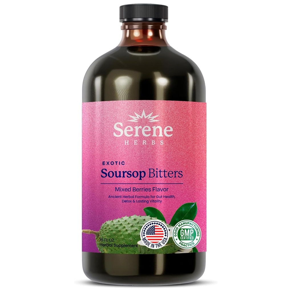 Serene Kruiden Soursop Bitters Liquid with Sursop Leaves for Gut Cleanse, Detox & Immune Boost with Black Seed, Moringa, Irish Moss, Ashwaganda, Turmeric, 16 fl oz (16 fl Oz (Pack of 1), Mixed Berry)
