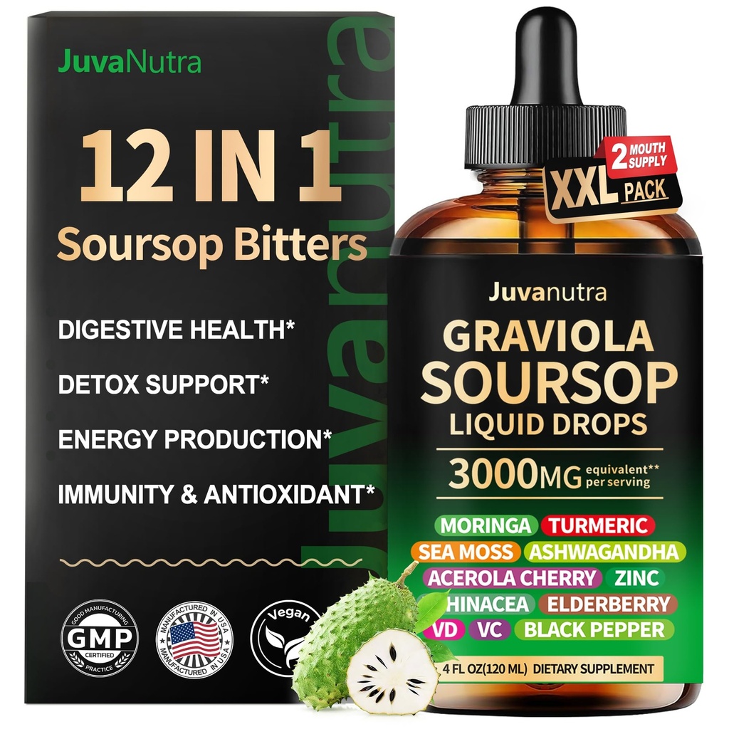 (4 Fl Oz) Soursop Bitters Liquid Drops 12 in 1 met Sea Moss, Moringa, Turmeric, Echinacea & Ashwagandha Extract - Herbal Tonic voor spijsvertering Wellness & Immune Support