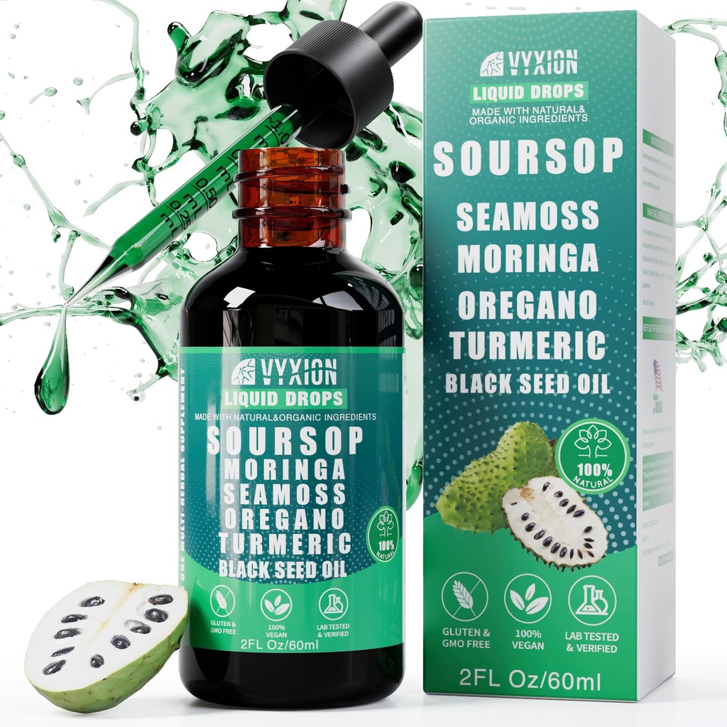 Vyxion Soursop Bitters Liquid Drops 10 in 1 met Sea Moss, Moringa, Turmeric, Black Seed Oil, Oregano, Ashwagandha 