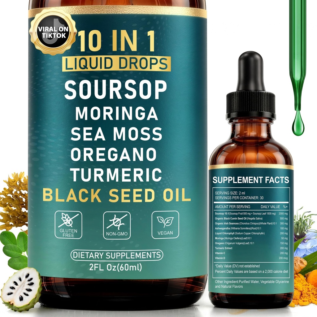 10-in-1 Soursop Bitters Liquid Drops for Gut Cleanse & Immune Boost & Detox with Sea Moss, Moringa, Black Seed Oil, Turmeric, Ashwagandha, VC, VD - 2 Fl Oz - Non-GMO, Vegan