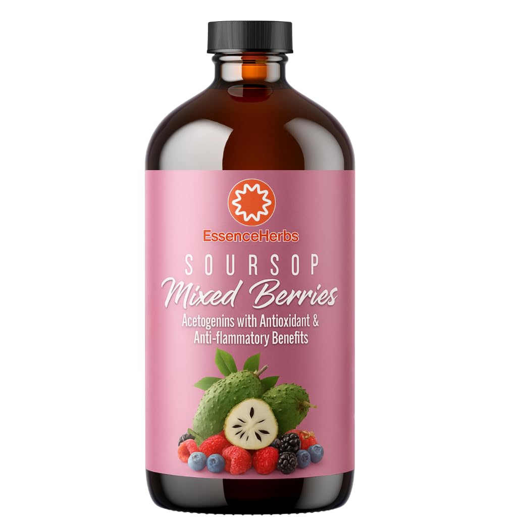 Essence Kruiden Soursop Bitters Vloeistof met gemengde bessen, Gut & Digestief Ondersteuning, Antioxidant Kruidensupplement met Soursop bladeren, Moringa, Black Seed & Turmeric, 16 fl oz