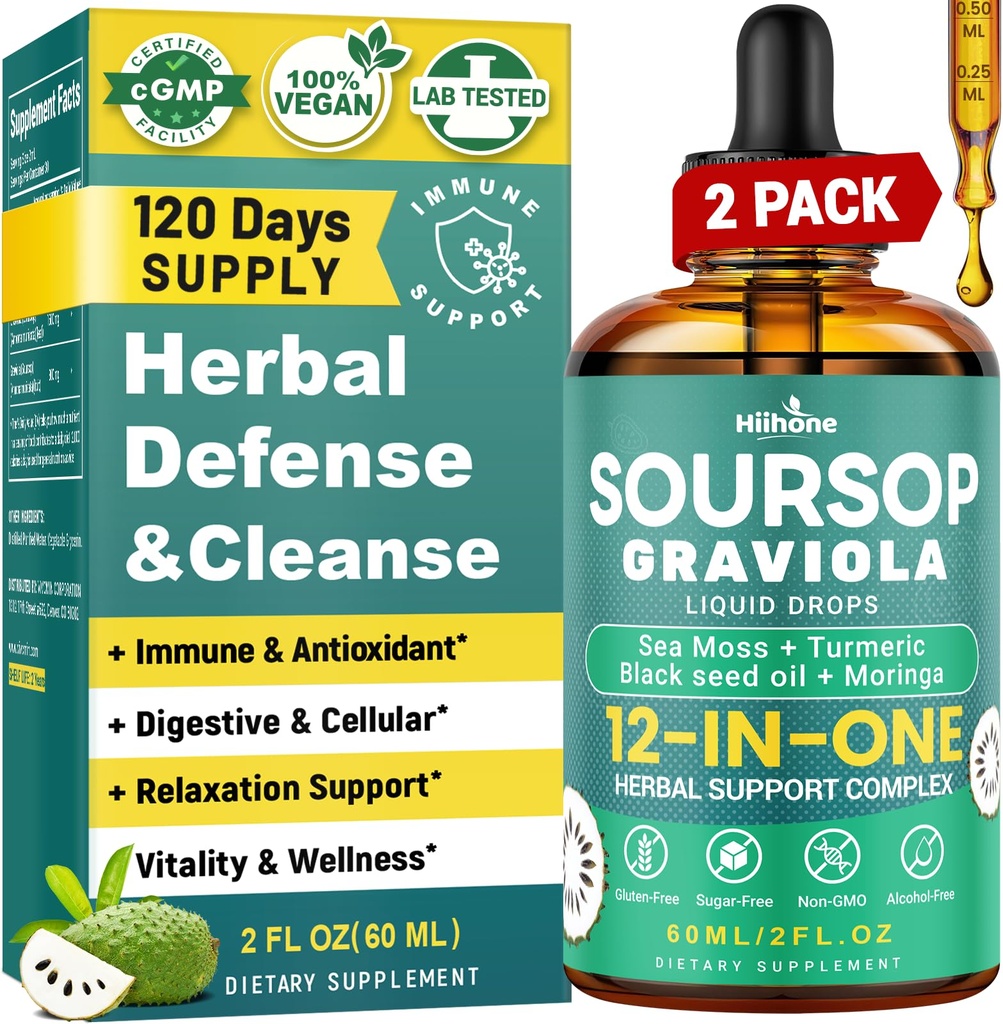 Hiihone (2 Pack) 12-in-1 Soursop Bitters Liquid Drops with Sea Moss, Black Seed Oil, Moringa for Cell Support & Regeneratie, Immunity, Liver, Gut & Antioxidant - 2 Fl Oz
