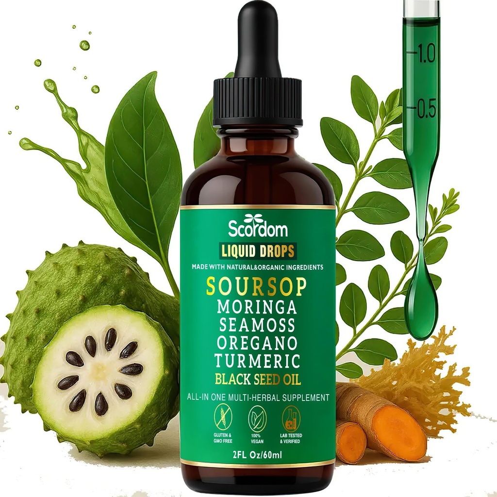 Soursop Bitters Liquid Drops 10-in-1 met Sea Moss, Turmeric, Moringa, Black Seed Oil, Oregano, Ashwagandha & Herbal Extracts - Ondersteunt de algehele Wellness, Vegan, 60mL/2 Fl Oz