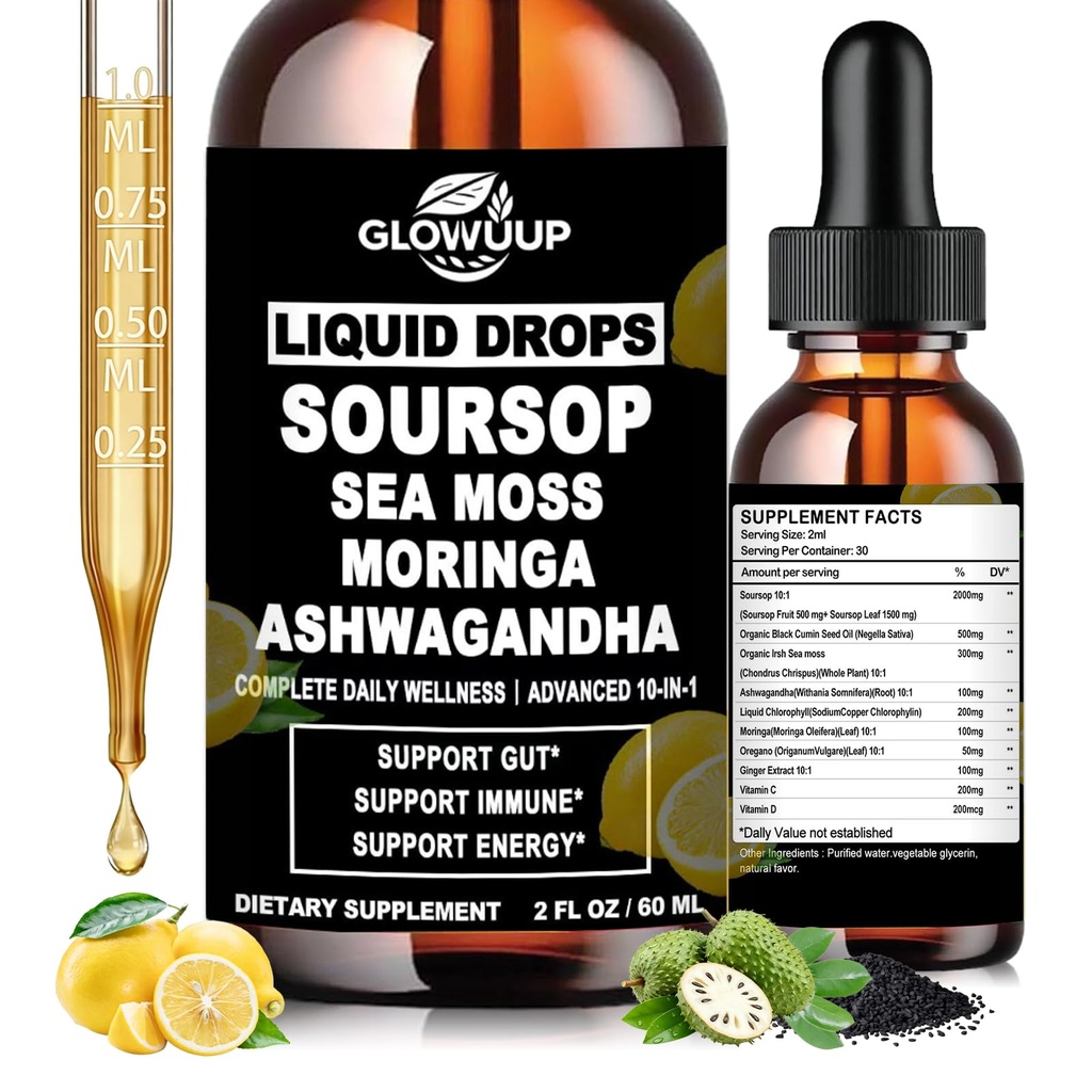 Soursop Bitters Liquid,10-in-1 Herbal Sourop Drops with Sea moss,Ashwagandha, Black Seed Oil, Moringa & Oregano for Immune Support, Gut Health, Cell Regeneratie & Antioxidant, Non-GMO, 2 Fl Oz