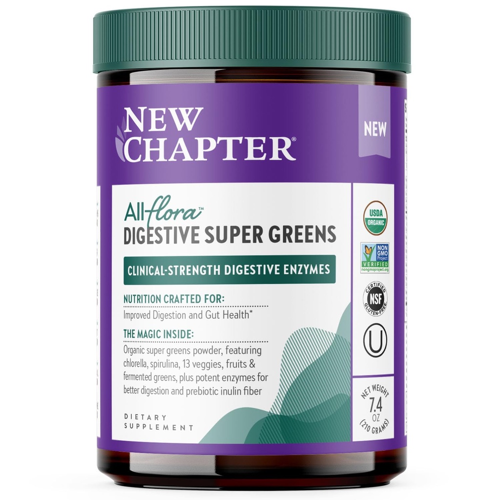 Nieuw hoofdstuk All-Flora Digestief Super Greens Poeder voor Gut Health - Clinical-Strength Digestieve enzymen + USDA Organische Chlorella, Spirulina, Gefermenteerde Groenen 