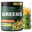 Totaal Thee Super Greens Powder Supplement, Groenen, Fruit, Groenten, Veganistrink met Spirulina, Chlorella en Vitaminen 25 Servers - Mango